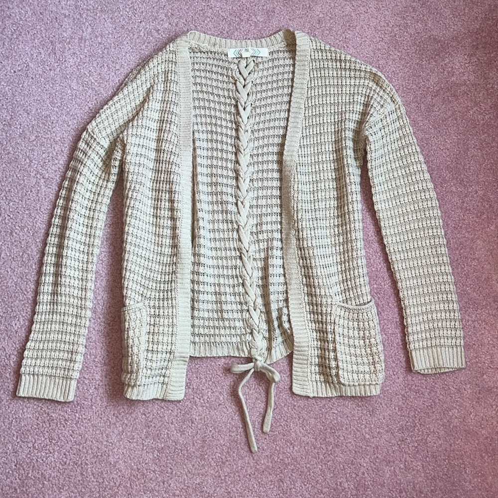 Tan Cardigan Sweater Size XS with Pockets and Bow